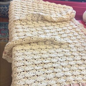 Handmade Cream  with pink ribbon Crochet Blanke